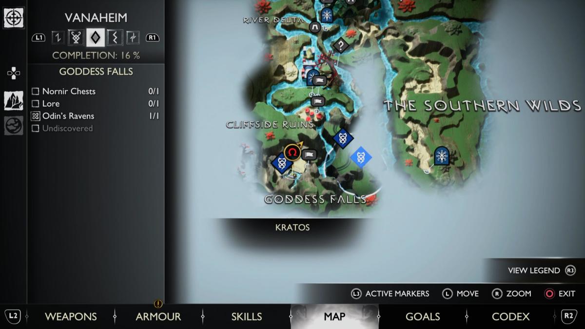 A map of the raven at Goddess Falls in God of War Ragnarok.